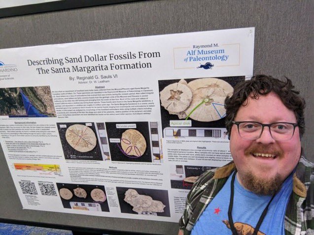 Congrats to our educator Reggie Sauls, who just presented for the 1st time on his undergrad research @CSUSBNews! His works features sand dollars from our friends @alfpaleo, where he was also an ACCESS So Cal Paleo alum!