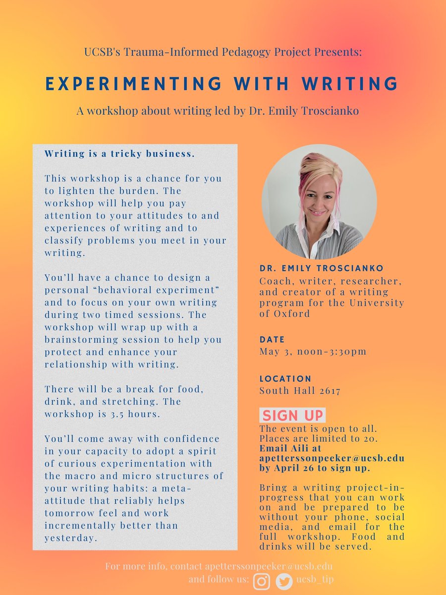 ucsb_tip's tweet photo. Join us in May for 3 events about writing, reading, and failing led by Dr. Emily Troscianko from the University of Oxford! https://t.co/GK1iLLJTOg