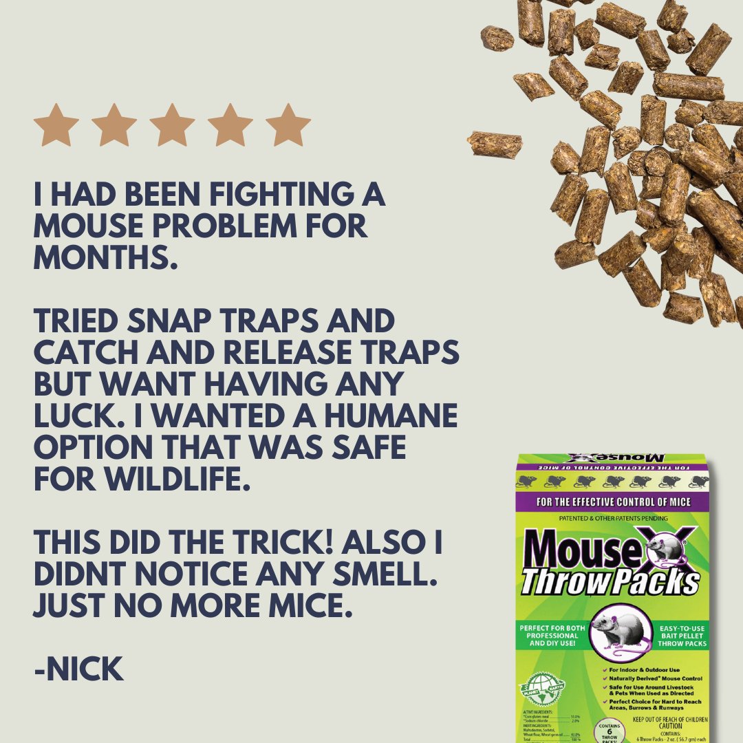 No mice, no mess, no smell!

MouseX Throw Packs are a convenient and effortless way to eliminate mice. Throw Packs are designed to be easy to use, making them an ideal solution for anyone who wants to get rid of mice without any hassle. 

Shop Now: ecoclearproducts.com/products/mouse…