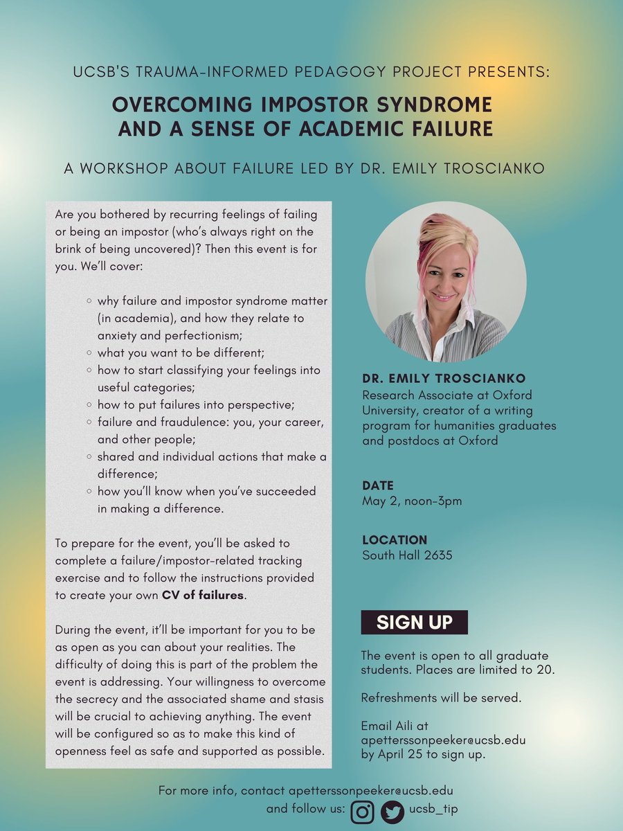 UCSBLitAndMind's tweet photo. Join @ucsb_tip for these exciting events about writing, reading, and failing led by Dr. Emily Troscianko! https://t.co/xdllPIJsac