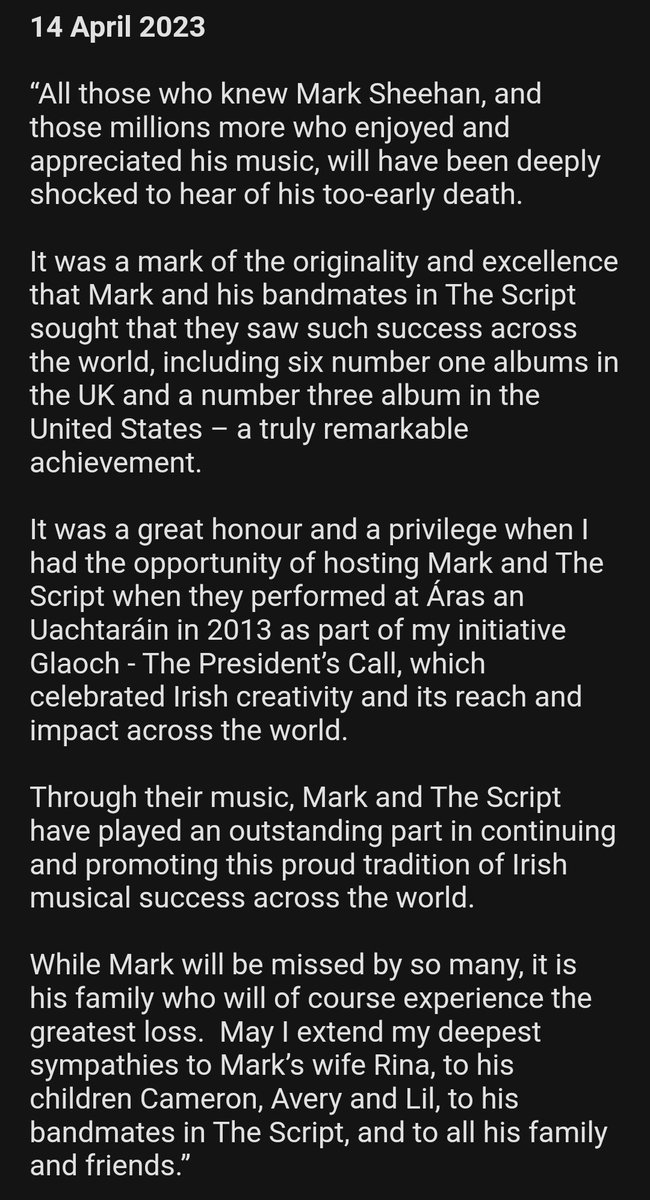 TomDouglas95's tweet image. Statement by President Higgins on the death of Mark Sheehan

 &quot;Deeply shocked&quot; and a very honourable comment about the Script&apos;s contribution to Irish music &quot;across the world&quot;