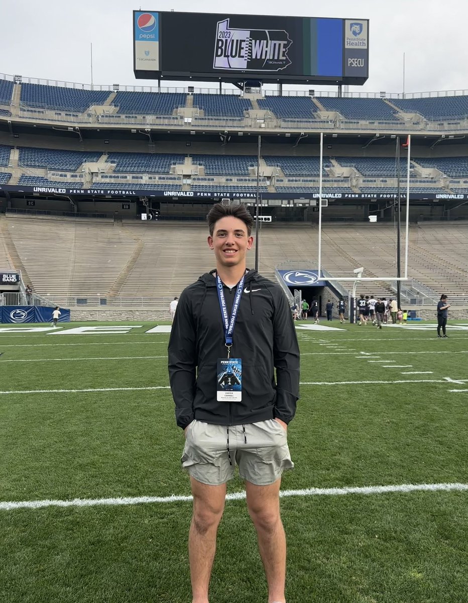 CarterCarroll9's tweet photo. Had a great time at PSU today, excited to be back tomorrow for the blue v white spring game! @Coach_Yurcich @DannyOBrienQB @chrismahon_ @CoachCollins46 @bchighfootball @M2_QBacademy @tyler_calvaruso @BrianDohn247 @PRZPAvic https://t.co/JY68ue6TM6