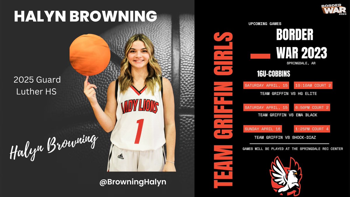 Luther Girls Basketball (@lutherbasketbal) on Twitter photo Good luck to Lady Lion <a href="/BrowningHalyn/">Halyn Browning</a> and her @TeamGriffinGBB team as they play in Arkansas <a href="/Borderwar1/">Borderwar Tourney</a> Good luck to Lady Lion <a href="/BrowningHalyn/">Halyn Browning</a> and her @TeamGriffinGBB team as they play in Arkansas <a href="/Borderwar1/">Borderwar Tourney</a>
