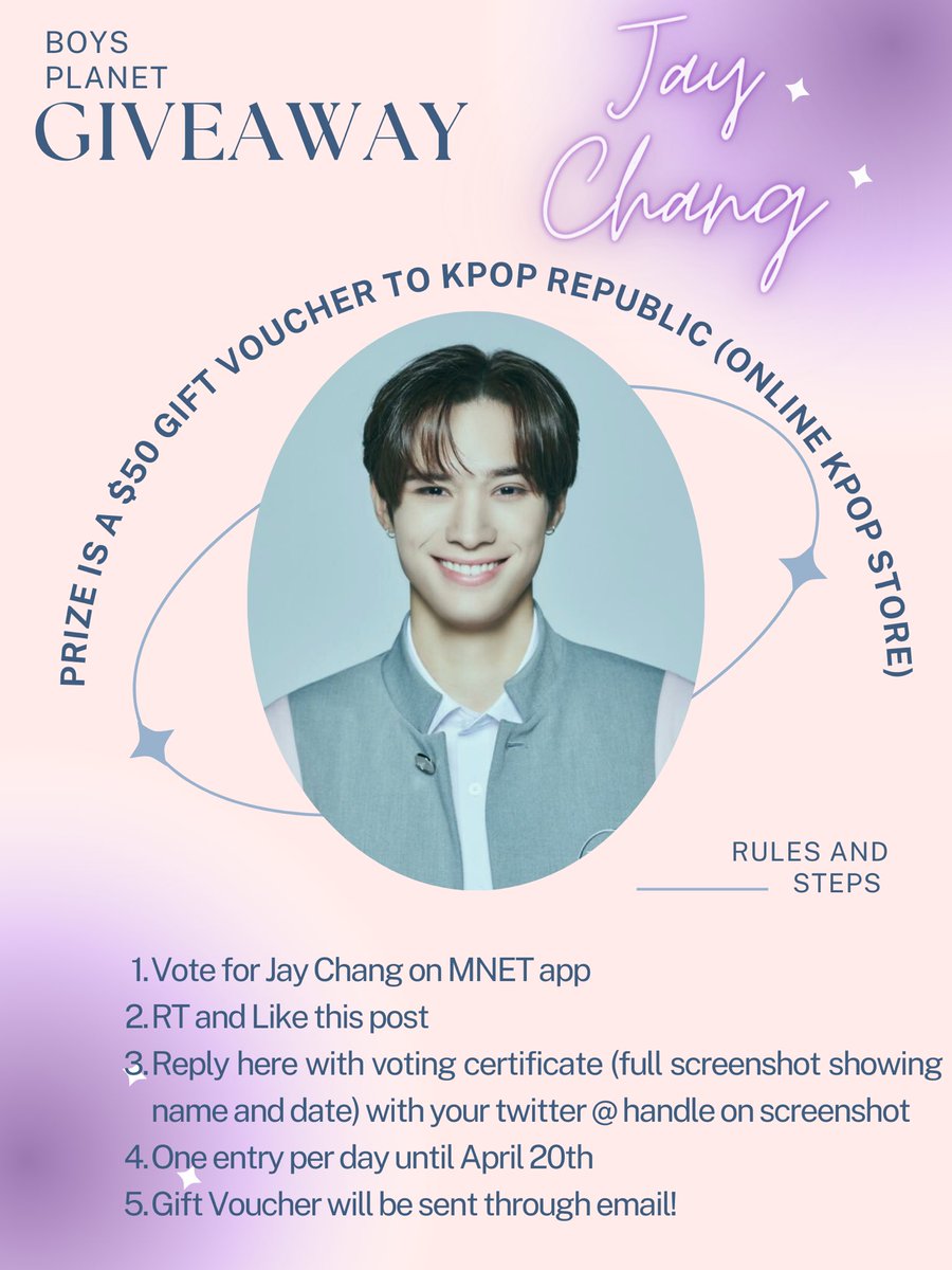 hehehikaru's tweet photo. Join my giveaway to support Jay Chang on #BoysPlanet !
Screenshot your vote of Jay daily with your Twitter @ to be put into the drawn to win a $50 giftcard to kpop republic! #jaychang #bepler #BoysPlanetEp11 #BoysPlanetElimination #BoysPlanetLastElimination ๐๐๐ซถ๐ป https://t.co/Ib5TKlEF6e