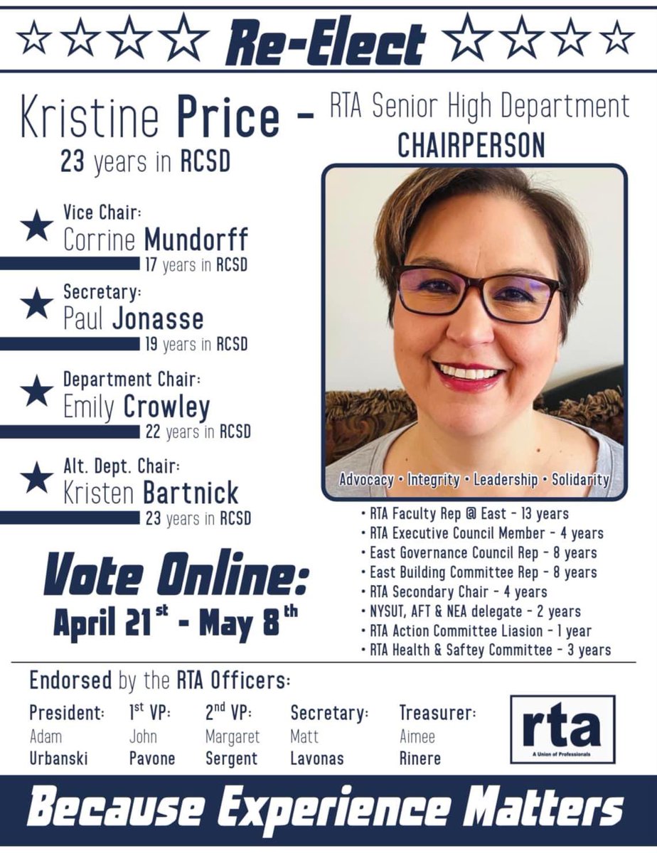 Corrine531's tweet photo. 🗣️RTA Members🗣️ I’m running for Sr. High Vice Chair re-election with an amazing slate of proven educators! Vote for your proven RTA Team! #BecauseExperienceMatters #RTA2023Elections https://t.co/McwzClCER5
