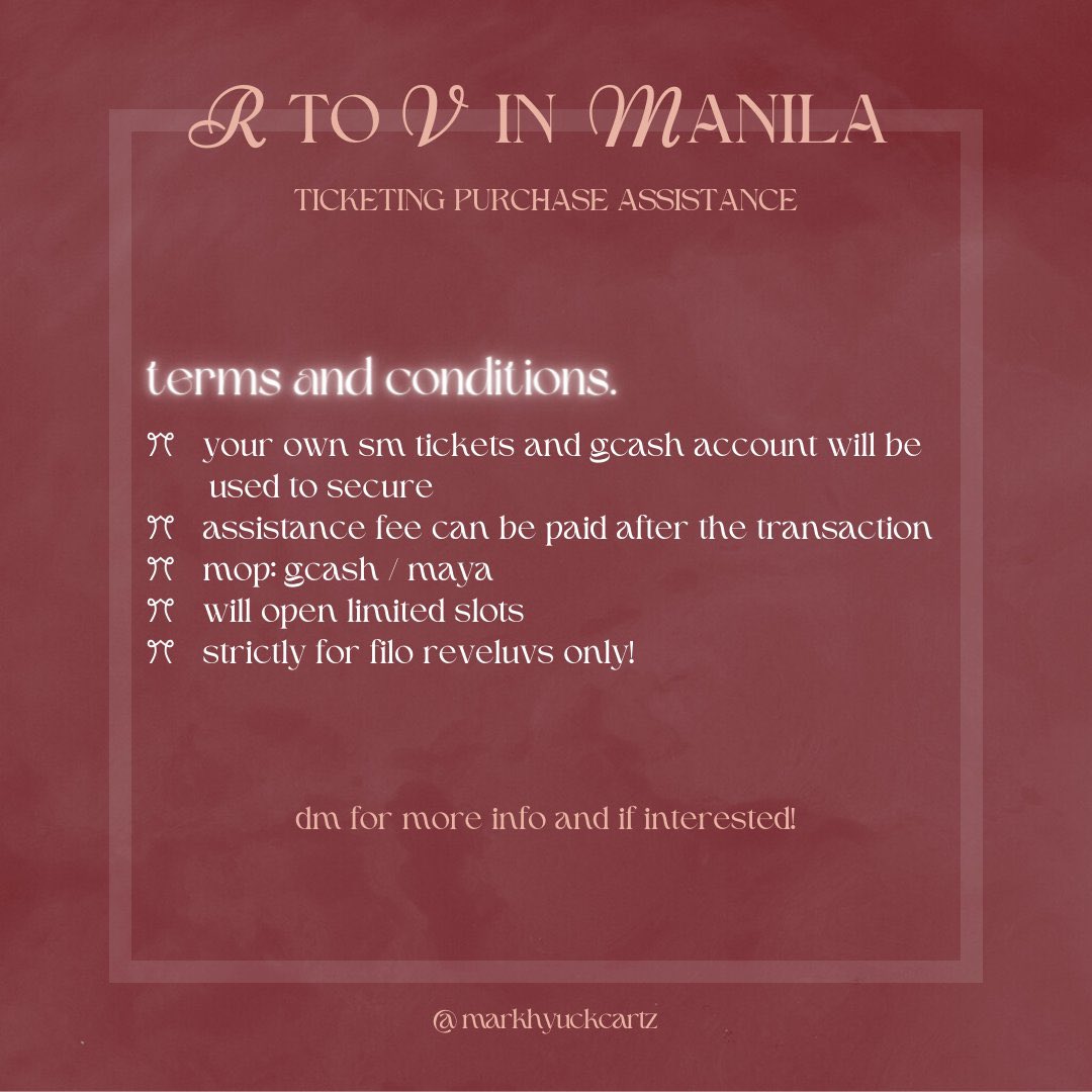 markhyuckcartz's tweet photo. ⋆⁺₊⋆ ♡̷̷̷ hi! we’ll be opening limited ticketing assistance slots for r to v in manila ticket selling :’) 

#RtoVinMANILA 
ꔫ wts lfb ph ticketing assistance tpa red velvet r to v in manila mnl https://t.co/9BXoygsFro
