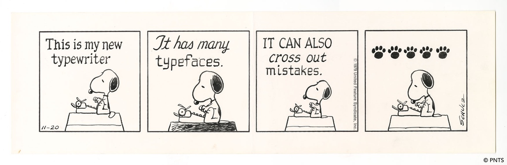 Charles Schulz developed many lettering types for Peanuts, including this one when Snoopy uses his typewriter!⁠ ⁠ ✒️ Visit 'The Pen is Mighty' to learn more about Schulz's lettering style: schulzmuseum.org/the-pen-is-mig… ⁠ This original PNTS comic strip was published on 11/20/1979.