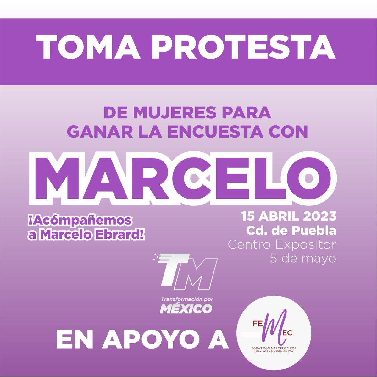 Mañana acompañaremos a #MarceloEbrard en el Centro Expositor de #Puebla, pues les tomará protesta a miles de #Mujeres. Tod@s están convocad@s 
🕑12:00P.M. 
#TransformaciónPorMéxico #Femec #ConMarceloSi #TlaxcalaConMarcelo #PueblaConMarcelo #FeministasConMarcelo #MujeresConMarcelo