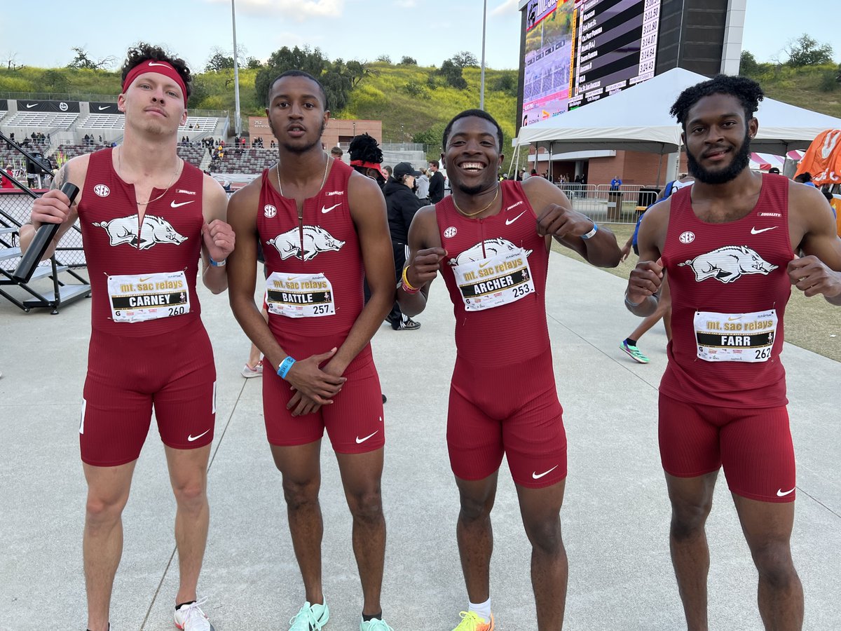 2023 Mt. SAC Relays

Men's 4 x 400m Relay
College Division

1) 3:09.24 Arkansas B
2) 3:09.33 Michigan
3) 3:09.95 San Jose State

Relay order
Brandon Battle
Jeremy Farr
Devontie Archer
Ethan Carney