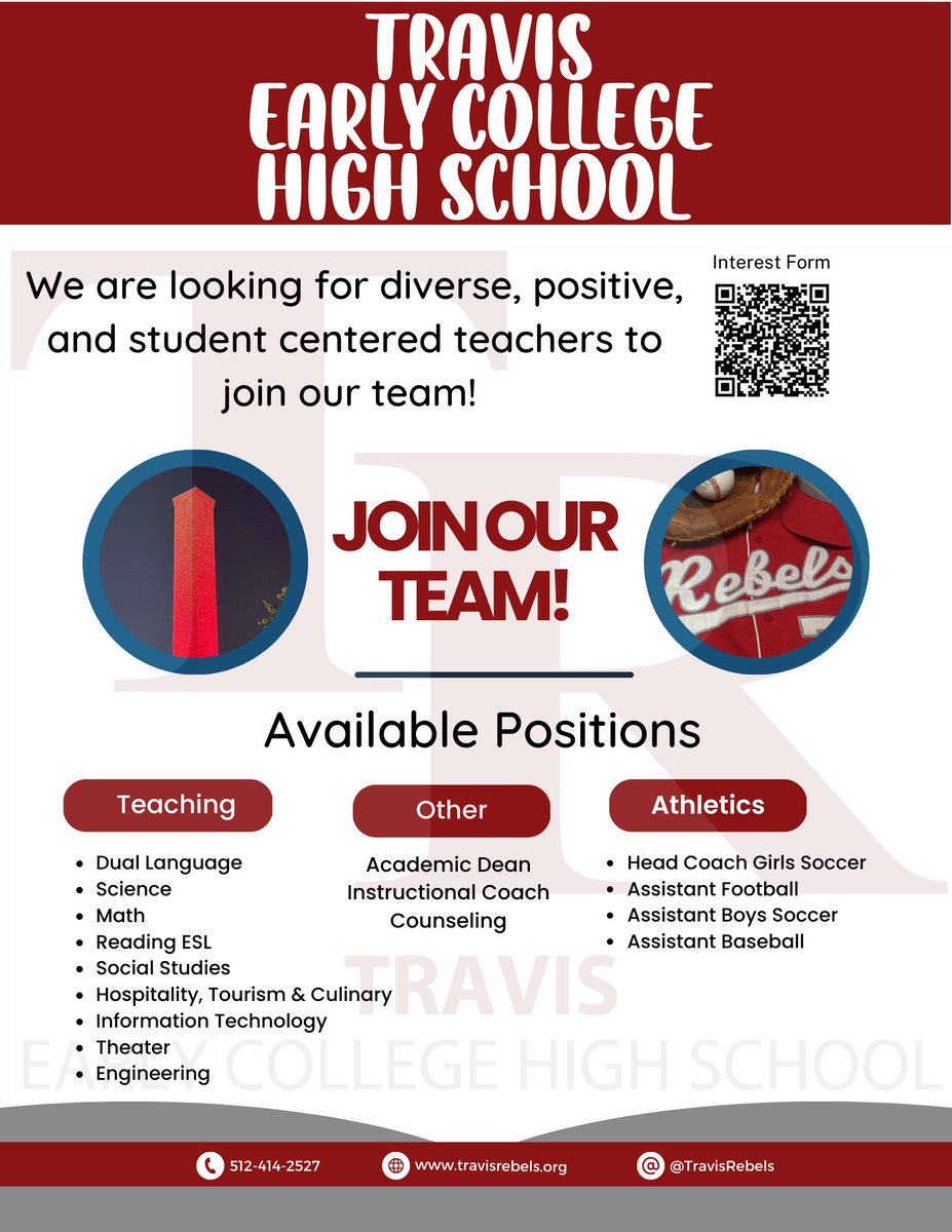 Interested in joining the Rebel family? Join us tomorrow at @AustinISD Career Fair starting at 8:15am! @TravisECHS_ptsa @TRebelettes @travisgocenter @WBTAthletics @ErickPosadas7