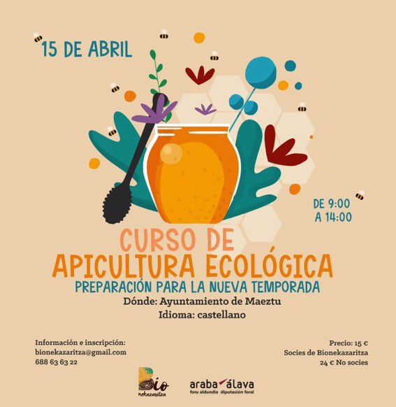 MendialdeaRadio's tweet photo. #Actividades para el fin de semana
Astebururako aktibibitateak
𝐬á𝐛𝐚𝐝𝐨-𝟏𝟓-𝐥𝐚𝐫𝐮𝐧𝐛𝐚𝐭𝐚
🐝 'Apicultura ecológica' - curso -#Maeztu
⚰️ 'Talla de madera' - expo+demo -#Antoñana
🏌️♀️ 'Bautismo de golf' -#Urturi
🧘♀️ 'Konektatu zure gorputzarekin' - tailerra -#Peñacerrada https://t.co/3UfPB54oJ5