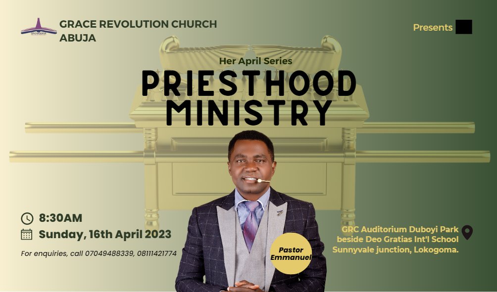 Hallelujah!!!! We would be starting a new series this Sunday, 16th April 2023. The Priesthoood ministry, Jesus is our high priest and You are priest also, come and learn how to operate effectively in your position. Don't miss this!