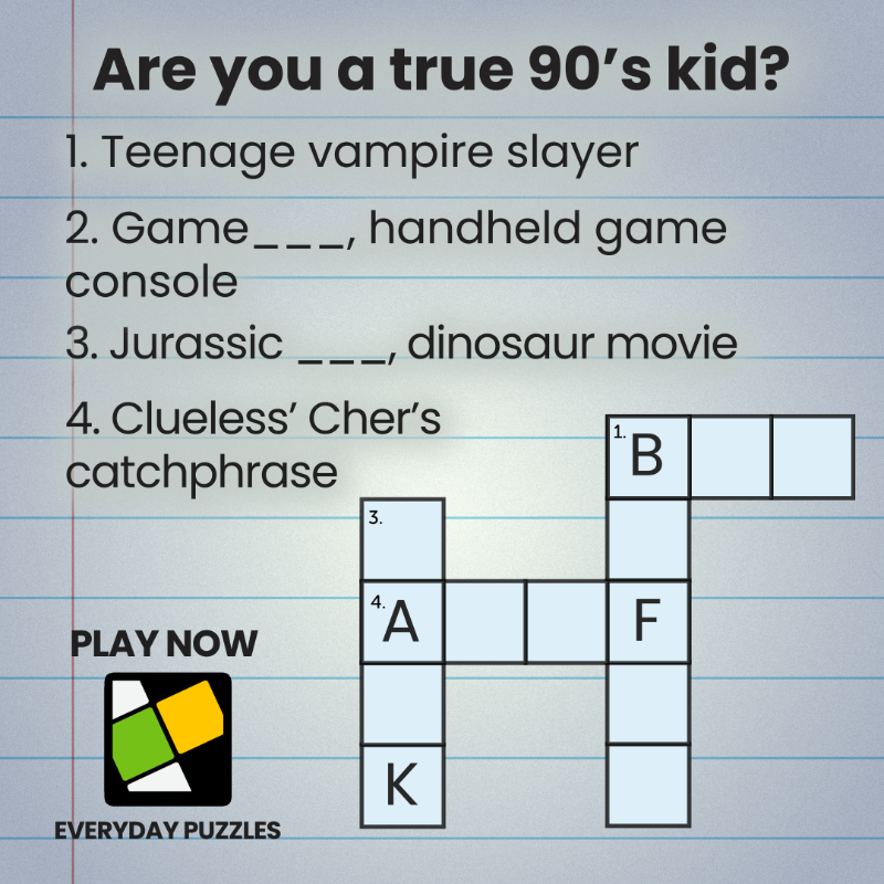 EverydayPuzzles's tweet photo. Who says you had to be born in the '90s to enjoy this crossword puzzle? Give it a shot and see if you're a true '90s kid at heart 🤘 #90sthrowback #crosswordchallenge #wordgames #EverydayPuzzlesGame