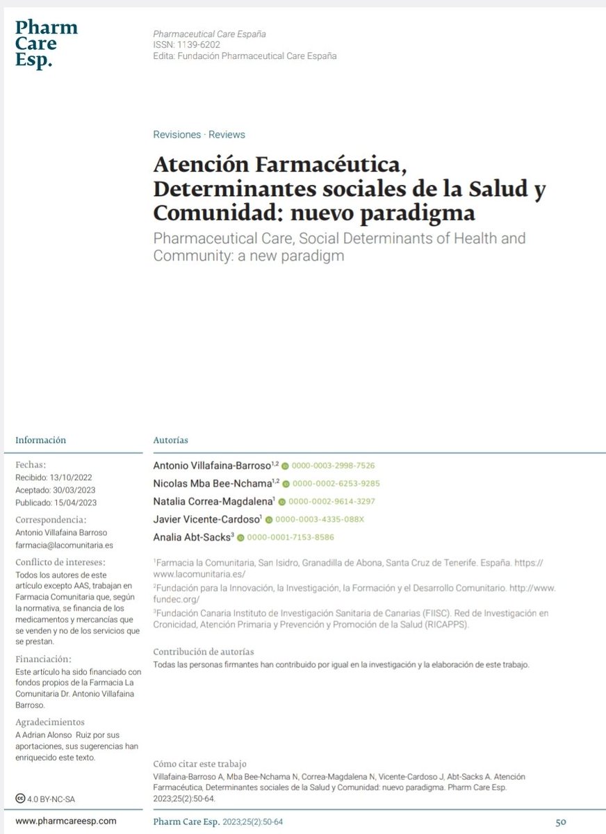 #AtenciónFarmacéutica, #DeterminantesSociales de la #Salud y #Comunidad: nuevo paradigma. pharmcareesp.com/index.php/Phar…