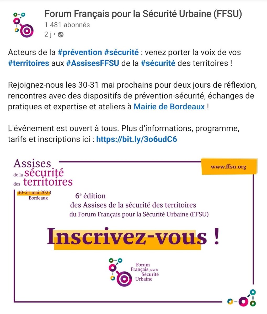 AdelaideMoncomb's tweet photo. Très heureuse d'animer le 30 mai l'atelier sur la Justice restaurative en y présentant notamment le parrainage de désistance.
Forum Français pour la Sécurité Urbaine (FFSU) 
https://t.co/pSeWvfkKQP
@mavillebordeaux
#cpip #spip #teamcpip
@snepap https://t.co/uDmEAdb0vd