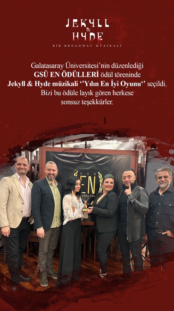 Jekyll &amp; Hyde müzikaline ilk ödül GSÜ EN ÖDÜLLERİ’nden geldi 🏆 Çok teşekkür ederiz ❤️

#JekyllVeHyde #jekyllvehydemüzikali #jekyllandhyde #ElcinSangu #HaykoCepkin