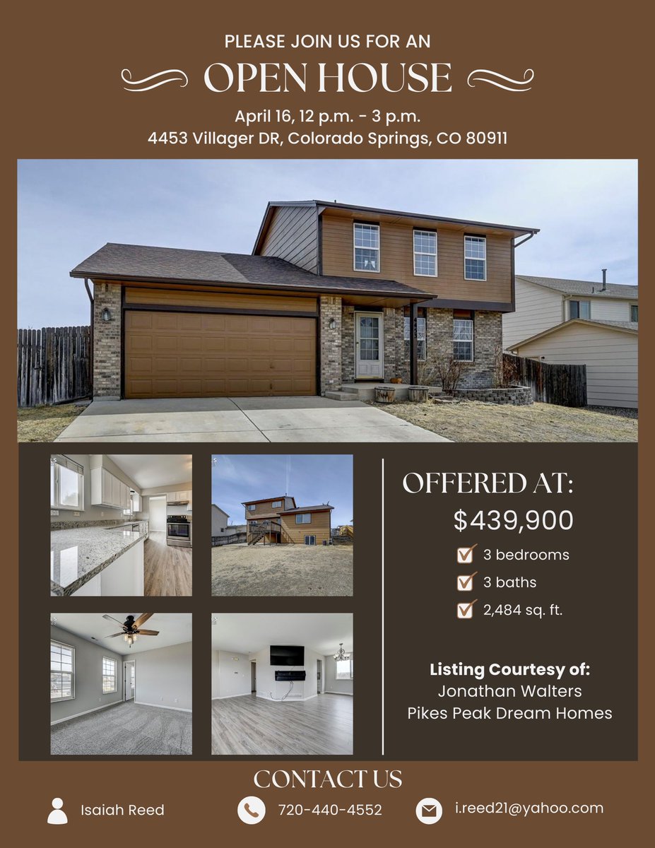 Open House this Sunday (4/16/2023)
📍4453 Villager Dr. Colorado Springs, CO 80911
⏱️ 12pm-3pm
Stop by this Sunday!!😁

Listing Courtesy of:
Jonathan Walters with
Pikes Peak Dream Homes Realty
