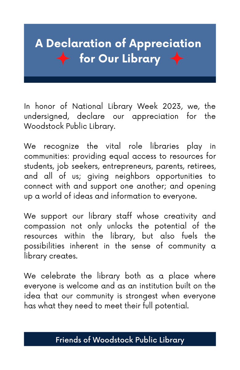 Sign the Declaration of Support for Our Library! In honor of National Library Week, we're asking everyone who appreciates our  Woodstock library to show your support by signing this declaration, which will be presented to city council Tuesday. To add your name,  comment below.