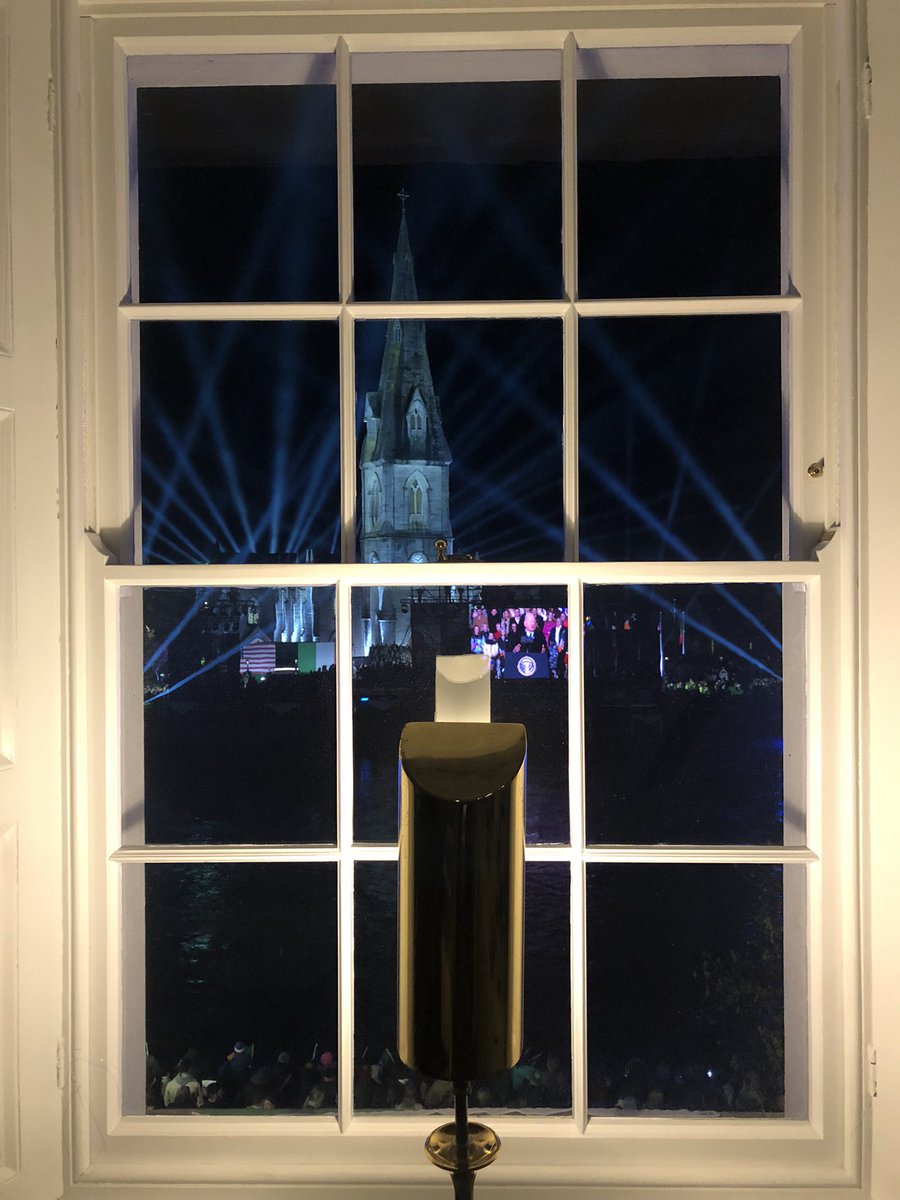 jcwexford's tweet photo. The emigrant lamp at the @MaryRobinsonCtr welcomes back Ballina’s most famous son. #BidenVisit #BideninIreland https://t.co/xuzae2AF8i