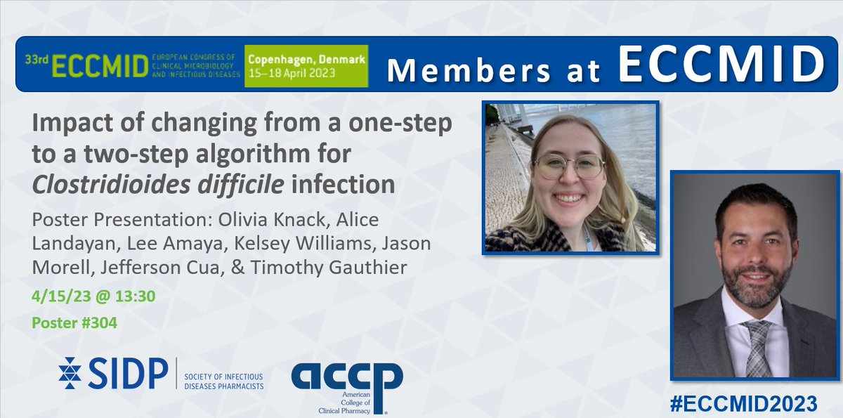 SIDPharm's tweet photo. @SIDPharm member-filled poster alert!
Don't miss presentation at 13:30 CET today by @LinezoLiv , @IDstewardship , @CeftaroLee , @KelseyIDPharmD , @jeffcu28 , Jason Morrell, & Alice Landayan to learn how 2-step C. diff testing โฌ๏ธHO-CDI & unnecessary treatment! @ESCMID #ECCMID2023 https://t.co/AlO5gc7FBv