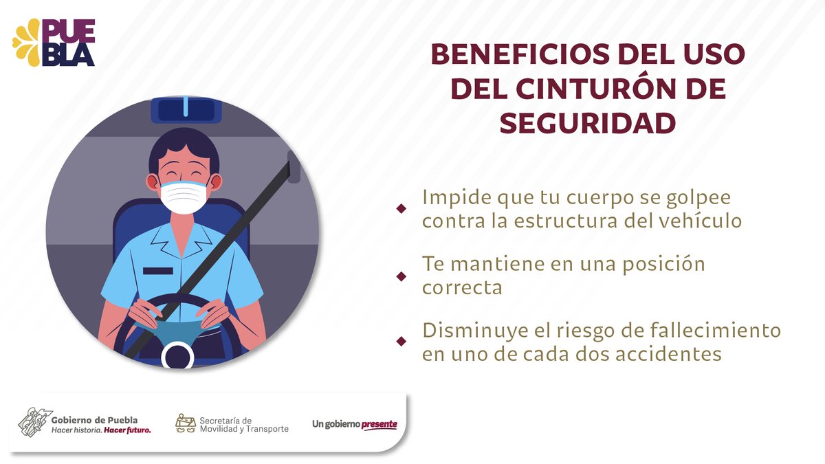 MTGobPue's tweet image. El cinturón de seguridad es el elemento más eficaz en la prevención de consecuencias graves en accidentes vehiculares. Reforzamos y promovemos su uso en todo momento. #ManejaSeguro