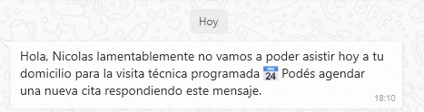 Nicovilnit's tweet photo. @PersonalFlow_At un desastre, te pautan una visita tecnica y 15 minutos despues del vencimiento del horario prometido te mandan un WP diciendo que no van a venir. Le importa poco que te hayas dejado el tiempo para recibirlos. https://t.co/S81bTMN30P