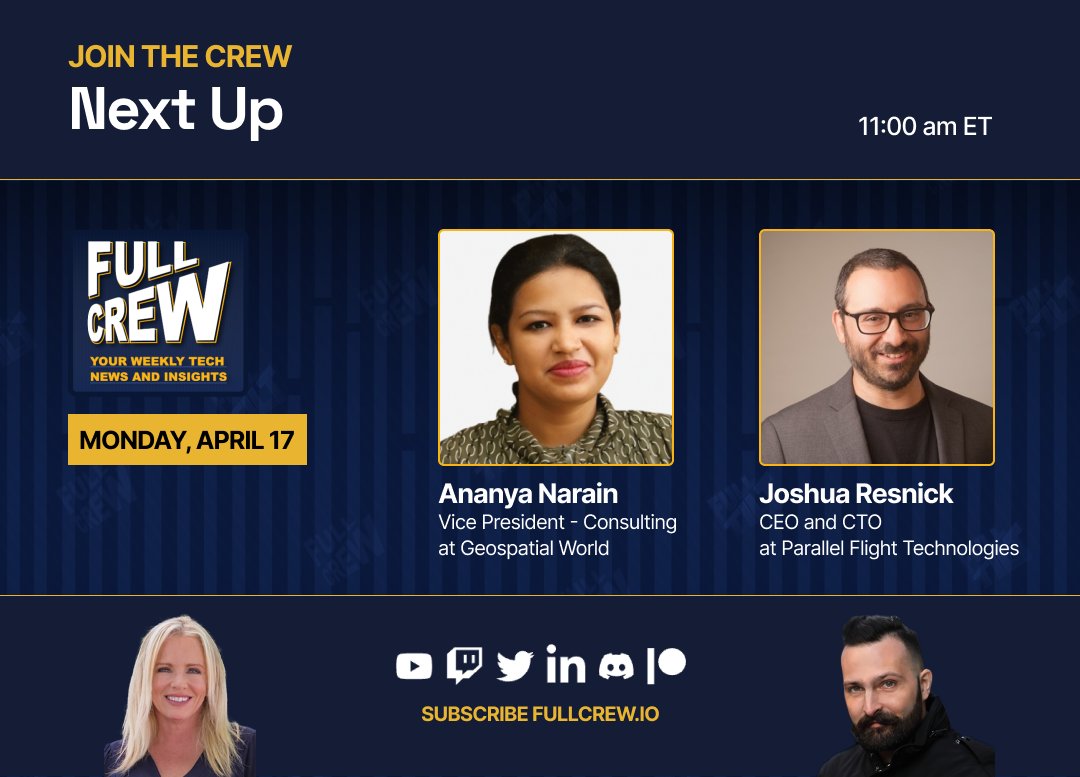 FullCrew's tweet photo. ⏩ Next up on The Full Crew special guests @narainananya, Vice President, Consulting at @geoworldmedia and @pft_ceo, CEO and CTO at @ParallelFlight 

Tune in live next Monday: https://t.co/Ec1Tfvc4sz

#fullcrew #drones #aam #tech #innovation #uas #dronenews https://t.co/kZWxnFyri5