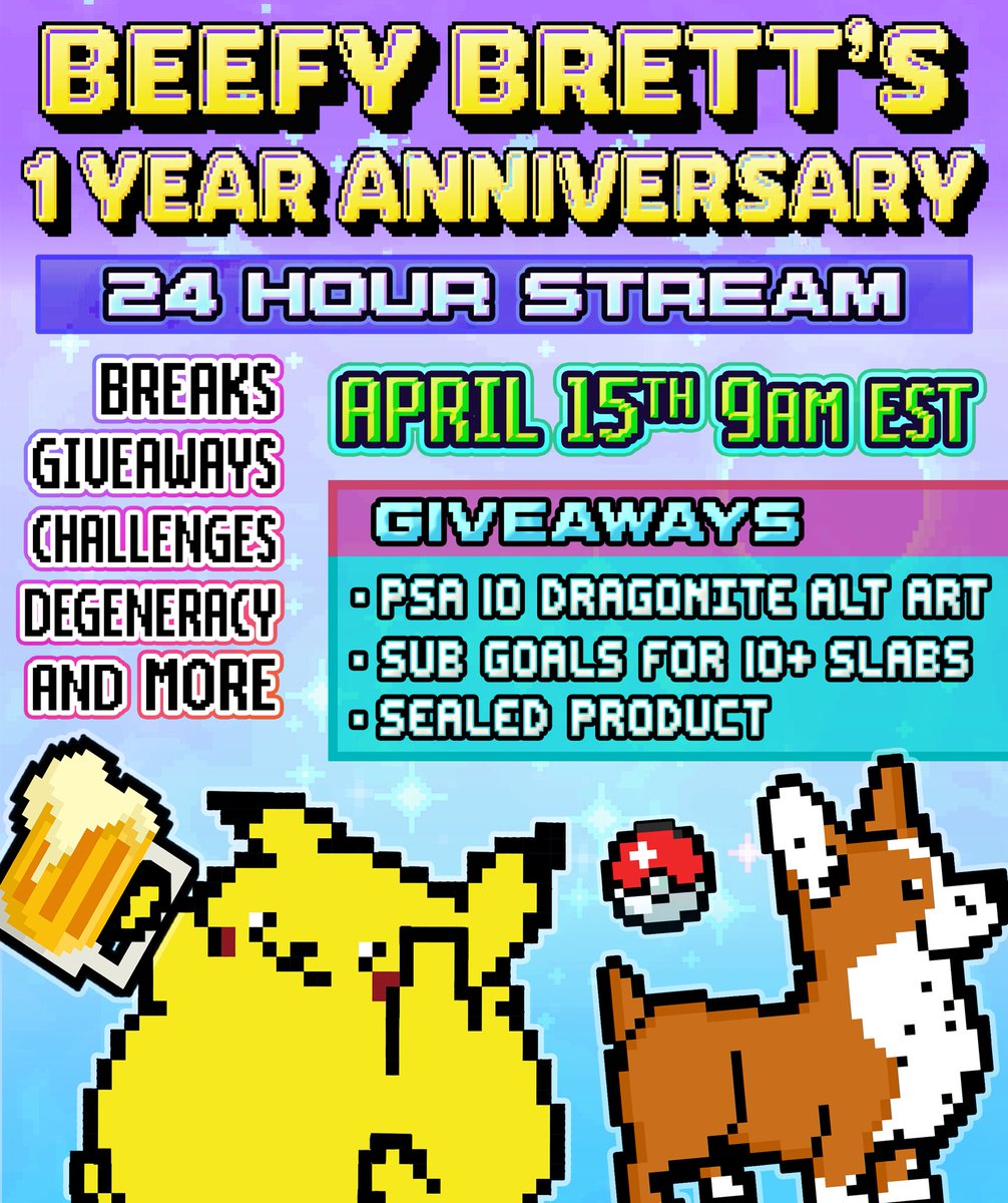 At 9AM EST tomorrow, we are celebrating ONE year of breaks and an amazing community with a 24hr stream! Lots of giveaways and a good time! 🎉🎉twitch.tv/beefy_brett