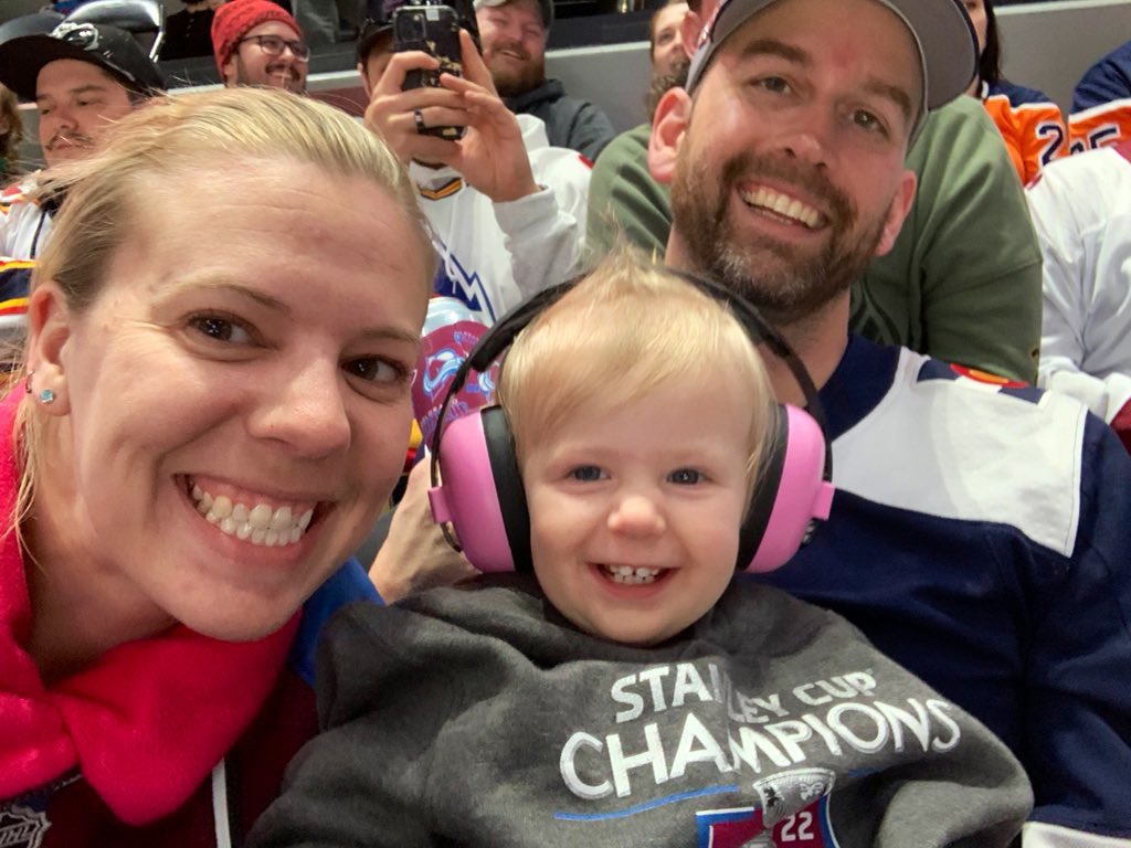 AllieMo970's tweet photo. @katie_gaus @Avalanche Being there with our daughter for her first Avs game in February…OT win against the Oilers! We’re convinced she’s good luck. https://t.co/7tuD8Whdu9
