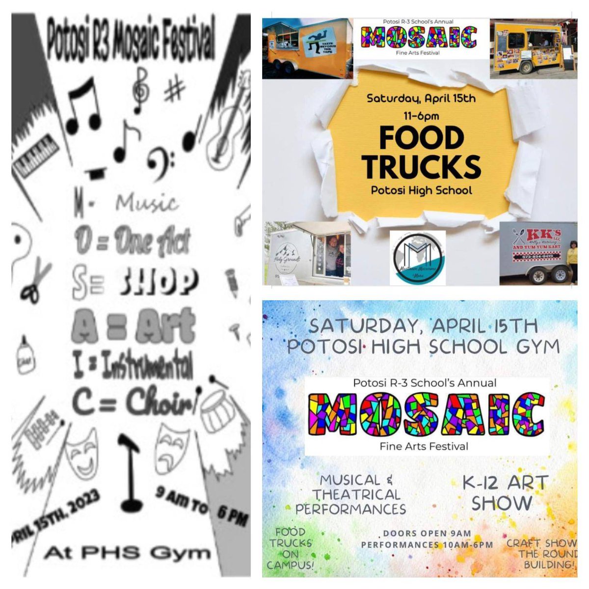 Potosi_Trojans's tweet photo. DON'T MISS THE MOSAIC FESTIVAL TOMORROW 💜💛 Food Trucks, Craft fair, K-12 Fine Arts performances and Art/Industrial Arts showcase. Doors open at 9, Performances begin at 10, Festival Ends at 6. 💜💛🎵🎭🎨 https://t.co/6A2hztV4HD