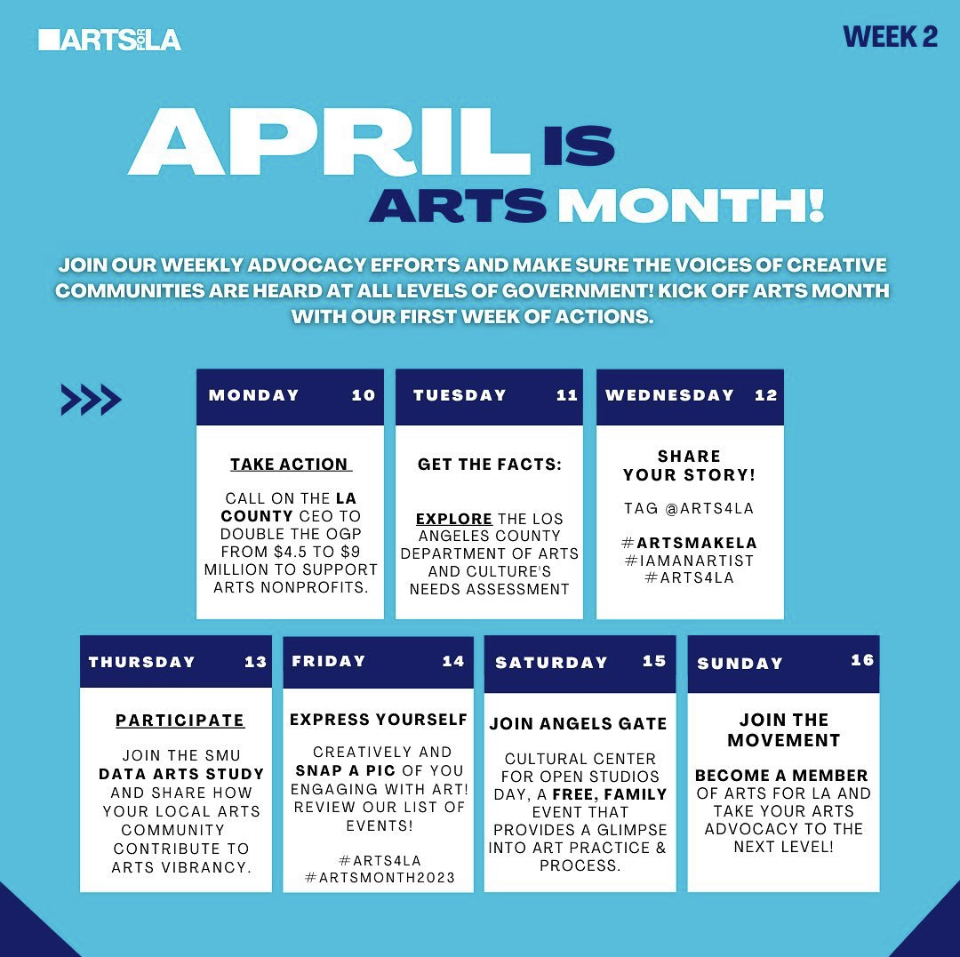 Cbmarts_CGU's tweet photo. April is Arts, Culture &amp; Creativity Month (ACCM), created by Californians for the Arts!

Follow @CAfortheArts and @Arts4LA to stay in the know of what's happening in #ArtMonth2023! https://t.co/2QV32tTq2Y
