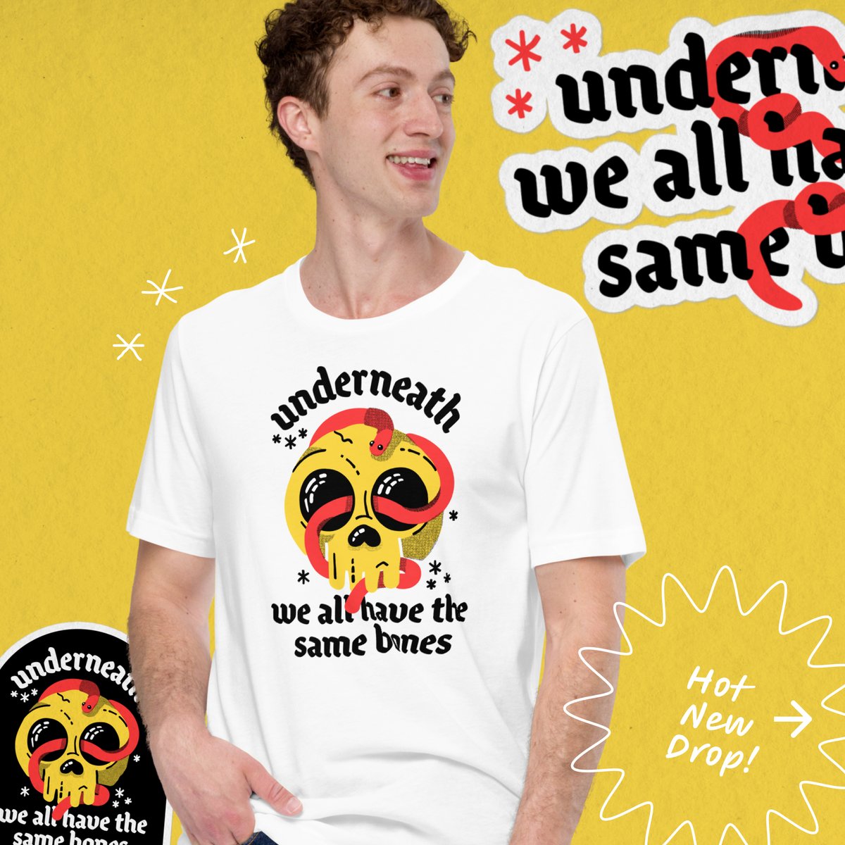 SadSackSux's tweet photo. ��� NEW DROP: SAME BONES ☠️ 🚨 I'm super proud to roll out our latest drop, inspired by the same weird bones that support all our flesh suits, no matter how we identify. 
.
Shop on the site! >> https://t.co/U7OvuR0Myu 
.
ALL PROCEEDS DONATED to @translifeline 🖤 
.
#translifeline https://t.co/klOfNloVD6