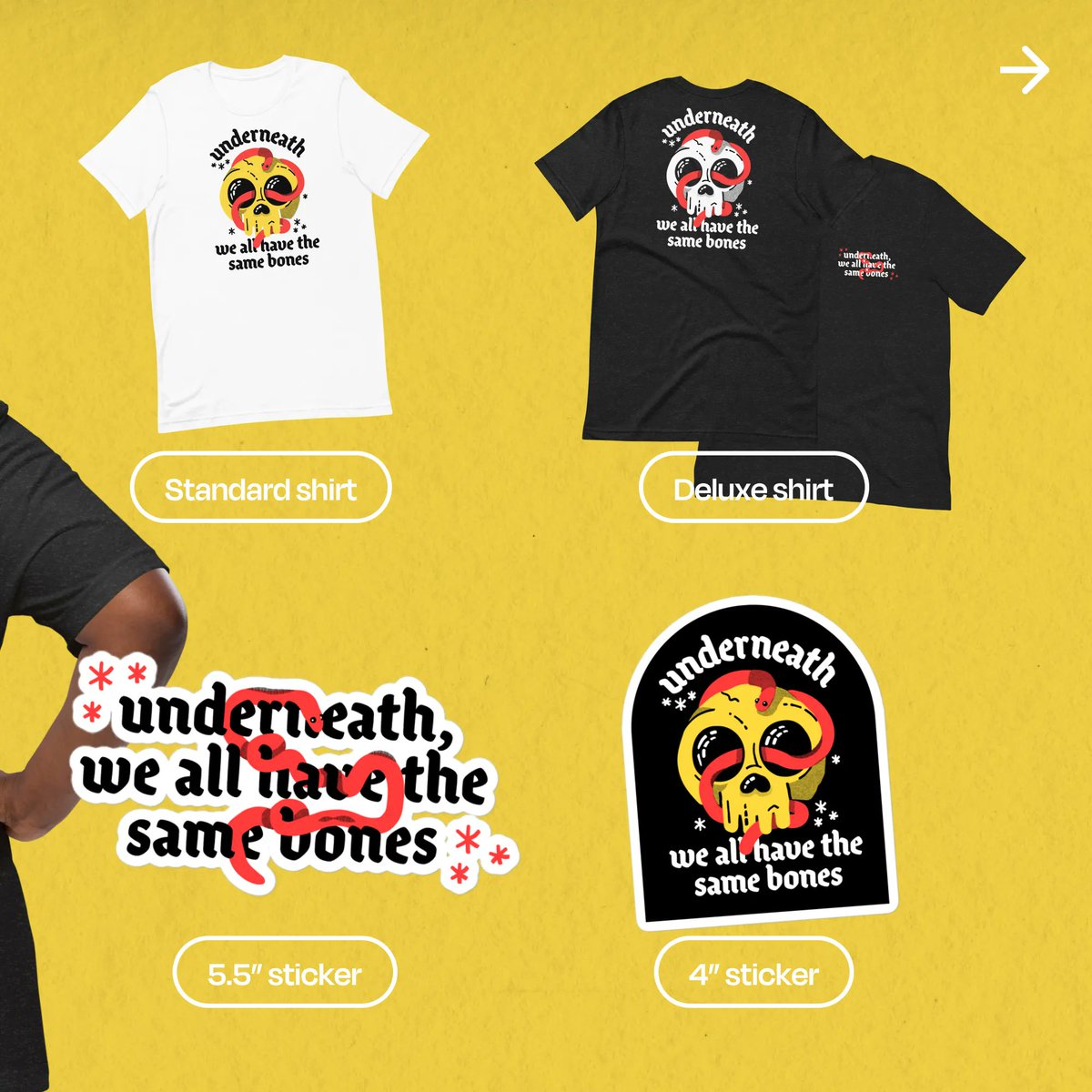 SadSackSux's tweet photo. ��� NEW DROP: SAME BONES ☠️ 🚨 I'm super proud to roll out our latest drop, inspired by the same weird bones that support all our flesh suits, no matter how we identify. 
.
Shop on the site! >> https://t.co/U7OvuR0Myu 
.
ALL PROCEEDS DONATED to @translifeline 🖤 
.
#translifeline https://t.co/klOfNloVD6