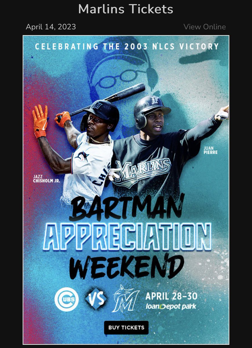 crawlyscubs's tweet photo. So I just got this email from the @Marlins ticket office. Apparently they are having “Bartman Appreciation Weekend” when the #Cubs come to town. All Steve Bartman has ever asked is to be left alone. Whatever it takes to try to sell tickets to your ballpark. Stay classy Miami! https://t.co/fFR4Jcf5sJ