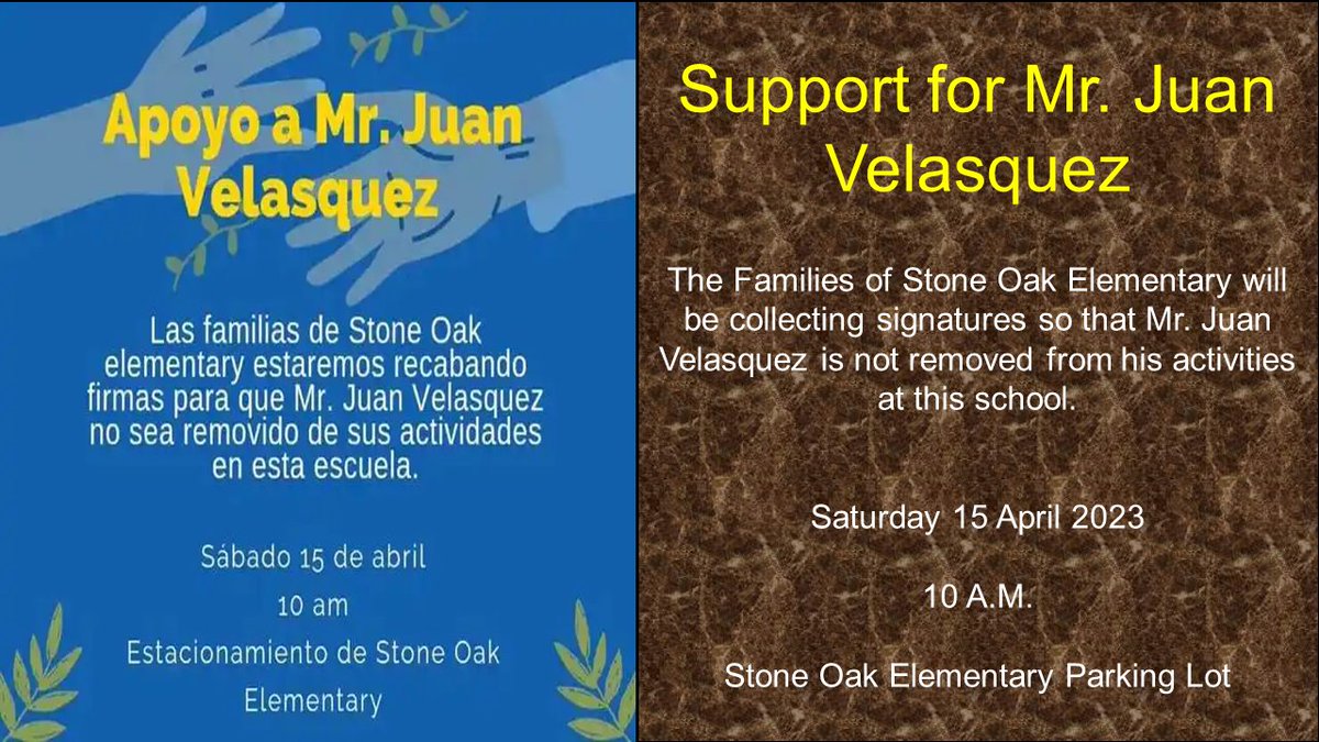 jose_collado77's tweet photo. @NEISD Good day Stone Oak community members. Please join us tomorrow at Stone Oak Elementary to show your support for Mr. Juan Velasquez and sign a petition to keep him at our school. https://t.co/Vg3TMICyE3