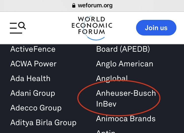 bennyjohnson's tweet photo. Of course Anheuser-Busch is a WEF Partner… https://t.co/4osIVz7cK0
