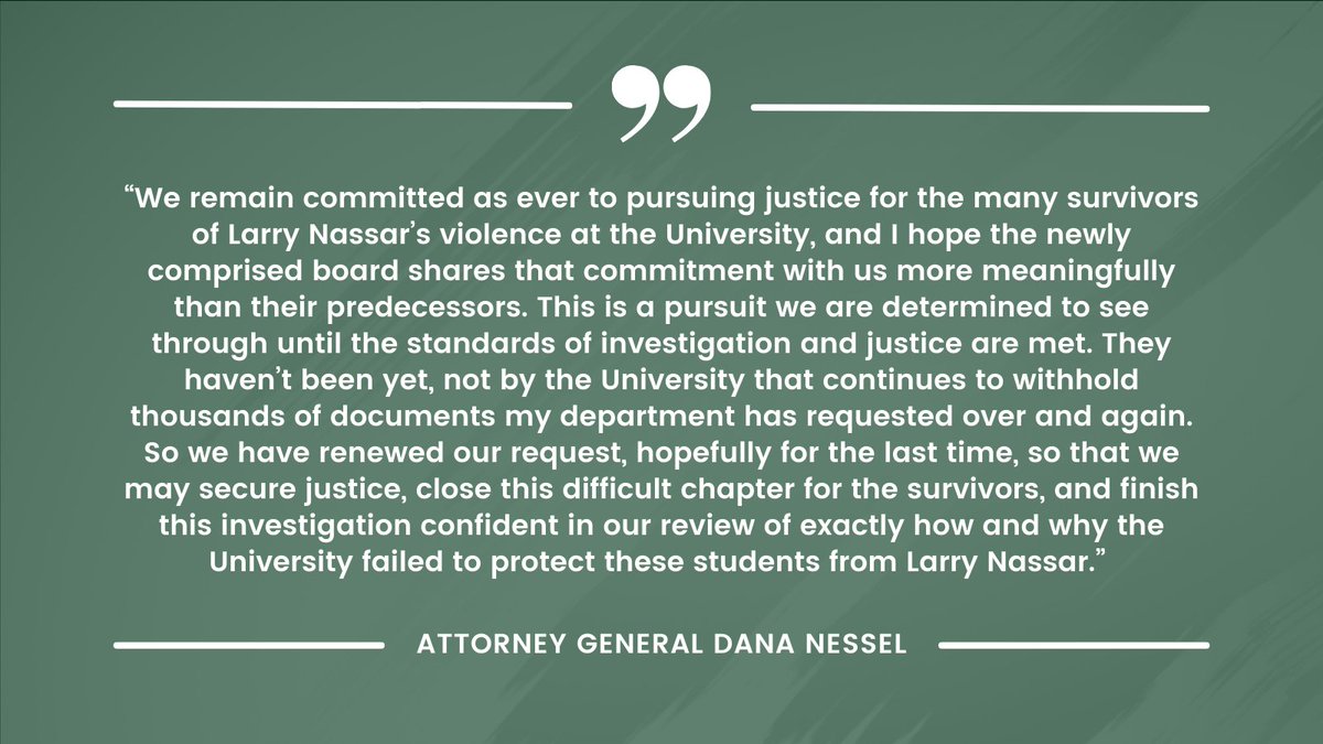 .<a href="/MIAttyGen/">Michigan Attorney General Dana Nessel</a> <a href="/dananessel/">Dana Nessel</a> Formally Renews Request for All Nassar Records from New MSU Board of Trustees
Read more➡️michigan.gov/ag/news/press-…