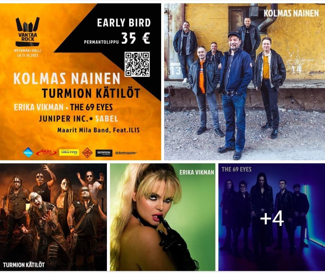 RockVantaa's tweet photo. VANTAA ROCK lauantaiana 21.10.2023
EARLY Bliput vain 35 € voimassa 30.4.2023 https://t.co/xej3g3XmNW
 @KolmasNainen #turmionKätilöt @ErikaVikman @The69EyesFans @JuniperInc  @Sabel @MaaritMila @FeatILIS
#tapahtumienvantaa #vantaankaupunki #rockvantaa #vantaarock #festarit https://t.co/B5qLsTqhsd