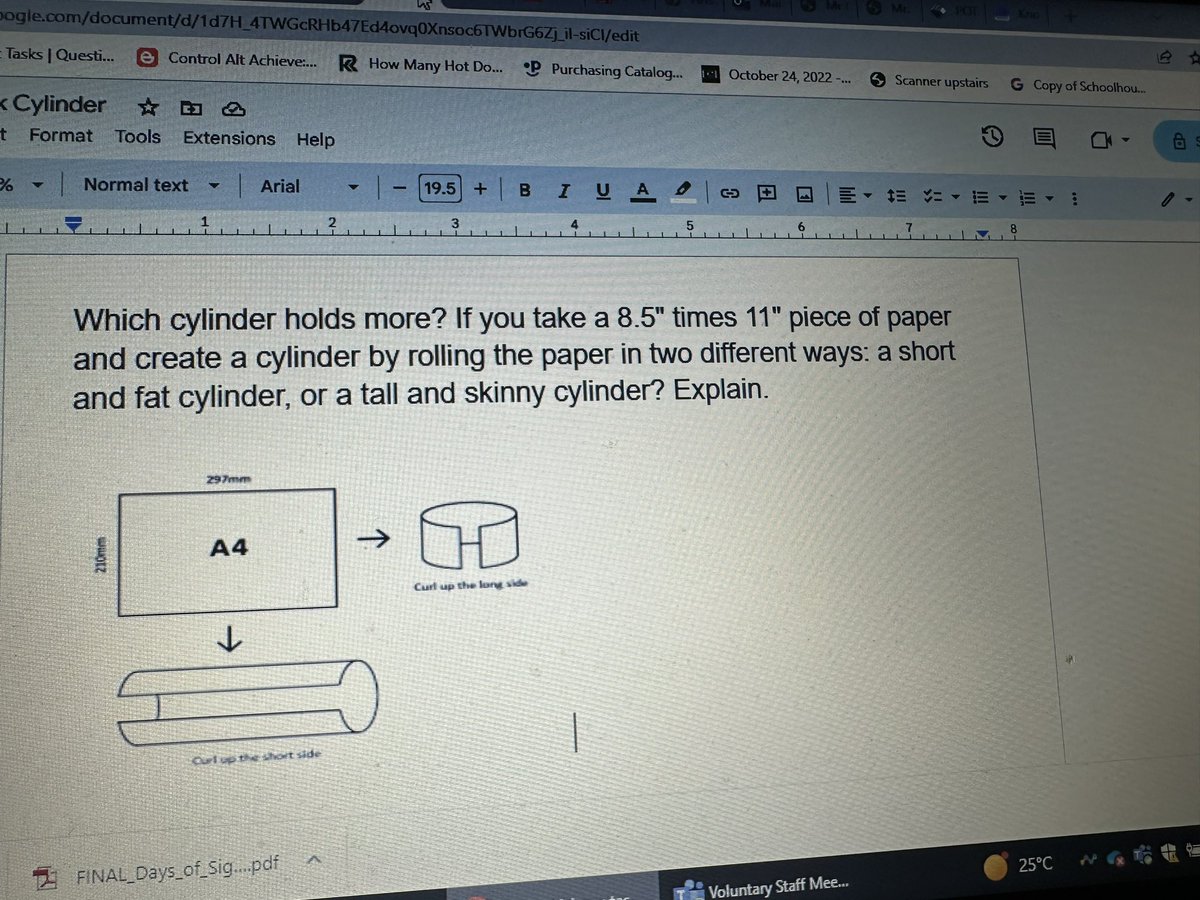 MrsGupta_Grade7's tweet photo. Comparing volume of two cylinders made from a same size of 📄. Students from 7A explored how differences in dimensions of radius and height can effect the volume of cylinders. They were surprised by the results #peeleml #engagemath #thinkingclassroom @DolsonPS @shawn_sabourin https://t.co/uvYVvqEJlL