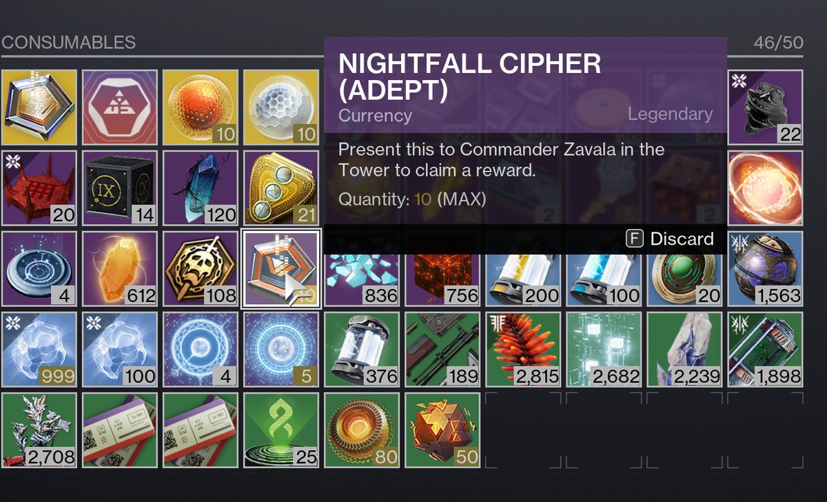 RickKackis's tweet photo. The Currency Caps in Destiny 2 are ridiculous.

Like really Bungie?
I can only save enough Ciphers for ONE Weapon?

Isn't the entire point of being able to Focus these the fact that I can Farm them up one week,
and spend them a different week?

WHAT IS THE DAMN POINT!?😤 https://t.co/BL6N4c5njt