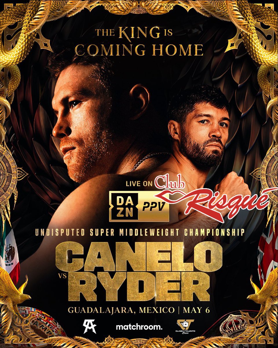 ClubRisque's tweet photo. CANELO vs RYDER! Mark your calendar for Sat MAY 6, you will be here, at Club Risque to watch the bout and party! https://t.co/eRgtLj3yrT