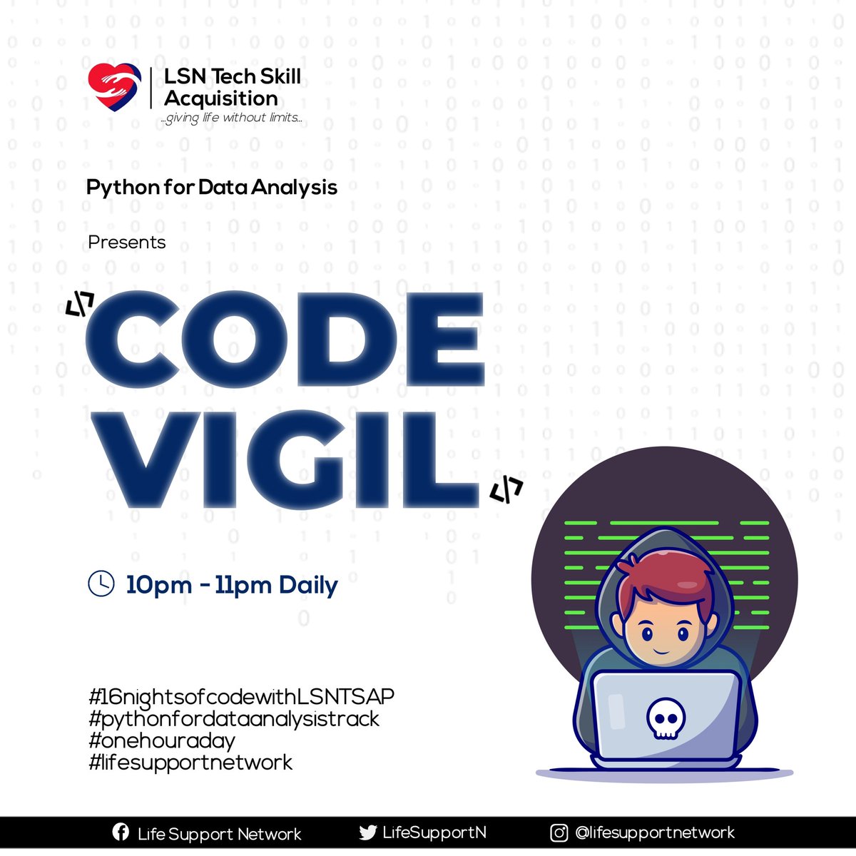 Itunu_AjayiHR's tweet photo. Tonight, participants of the LSN Tech Skill Acquisition Program, Python for Data Analysis Track commenced the #16nightsofcode CODE VIGIL.

#lsntech 
#lsntechskillacquisitionprogram 
#coding
#onehouraday
#lifesupportnetwork https://t.co/MQ0zI2BoCA