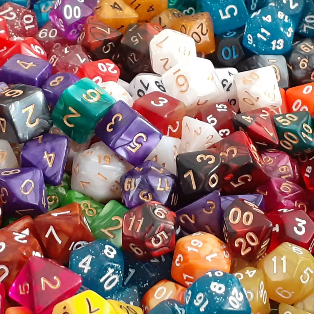 Among the various stock we will have. 
We will be selling number of different styled and coloured dice sets.
Currently the standard 7 dice set, but will expanding to accommodate games that focus on one particular type of die.