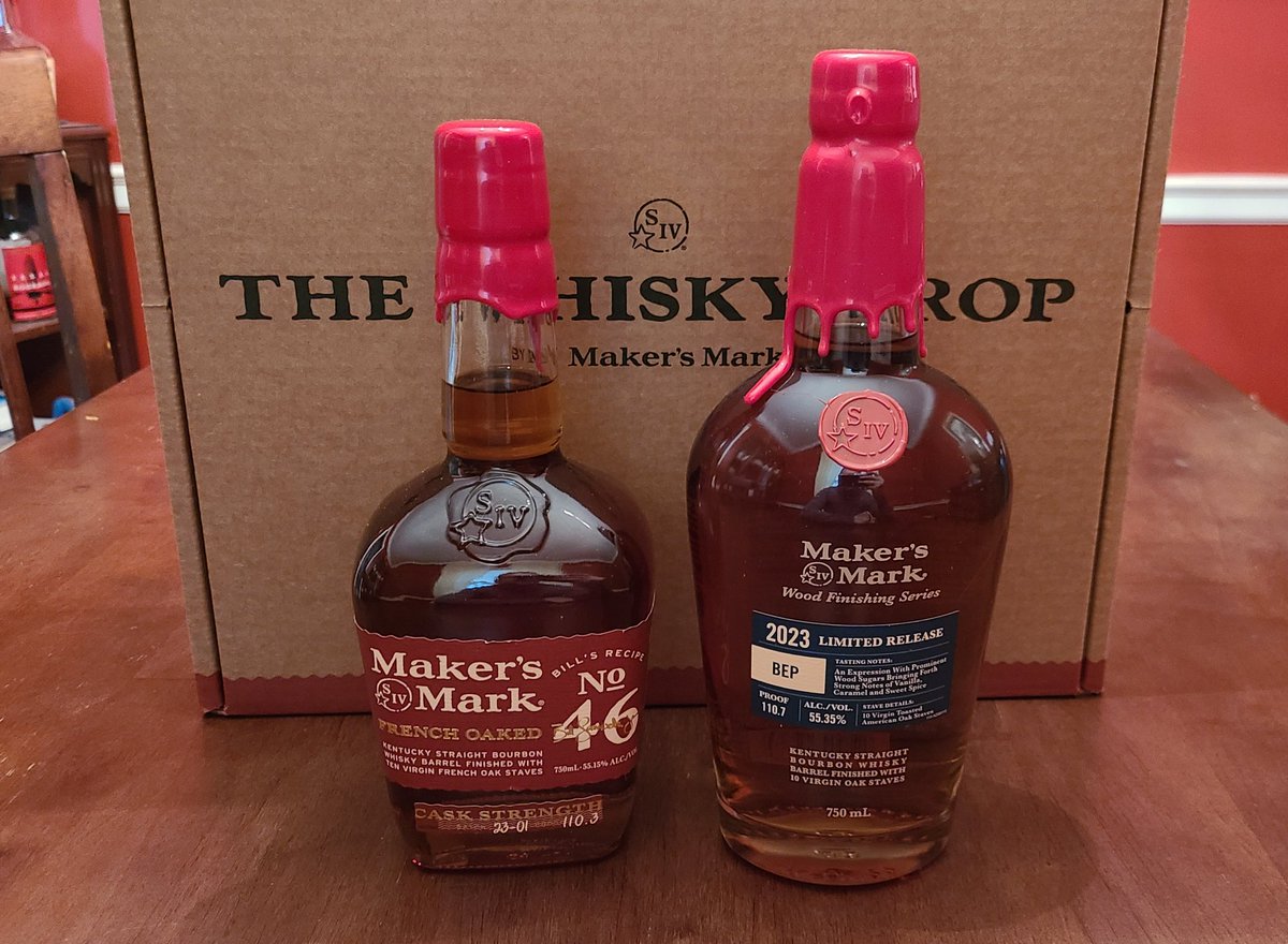 jasonats's tweet photo. Had some whisky delivered today from @MakersMark! The 2023 BEP Wood Finishing series and Makers Mark No 46 Cask Strength batch 23-01. #bourbon #whiskydrop #110proof https://t.co/vPSnS7leUf