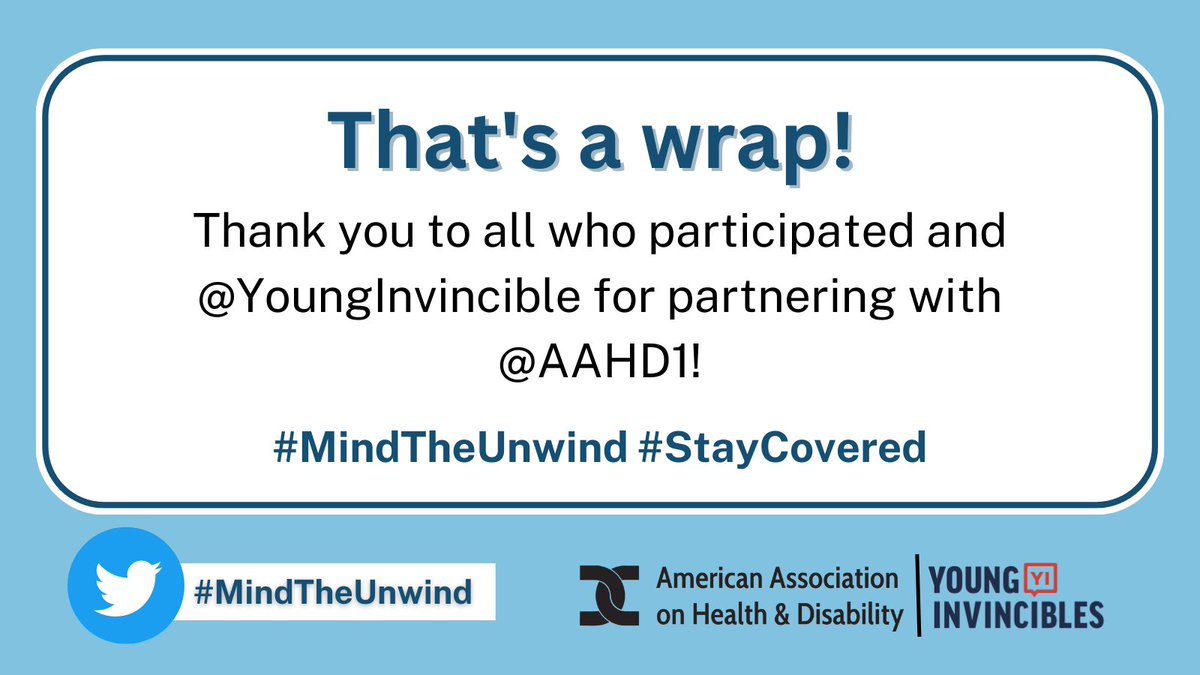 That’s a wrap for the “#Medicaid Unwinding: What do you need to know?” Twitter chat! 

We would like to thank @YoungInvincible for joining us today. 

Make sure you visit Healthcare.gov to make sure that you can #StayCovered and #MindtheUnwind!