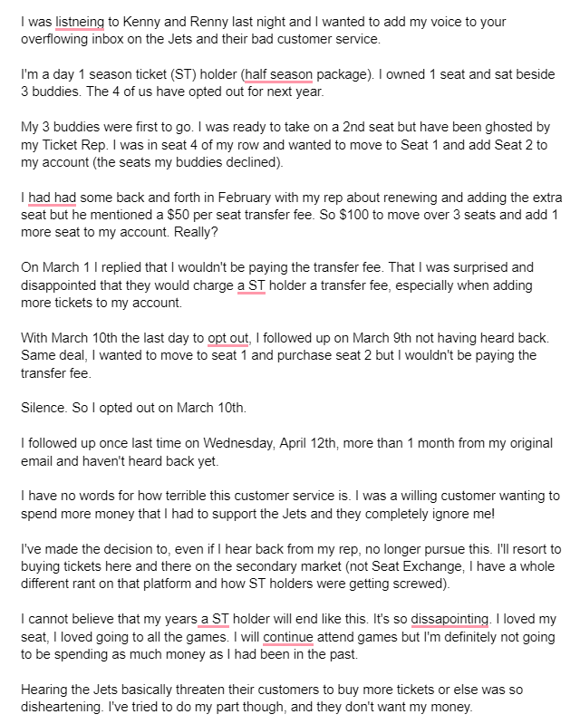 ScottBilleck's tweet photo. I've received several more emails today from season ticket holders (or former season tickets holders). There's often a common thread — lack of communication and poor customer service. Here's one of those stories, shared with permission. #NHLJets https://t.co/L9v7hOhRKZ