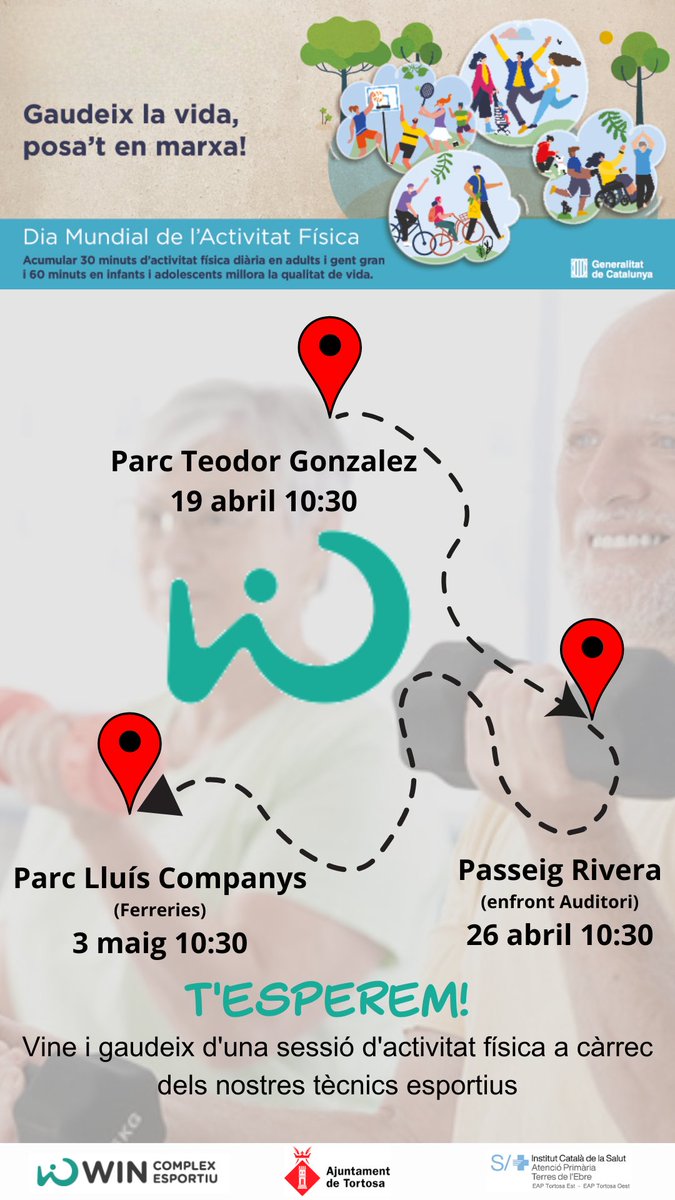 Fem activitat física dirigits pels monitors de #Wintortosa els propers dimecres a diferents llocs de Tortosa.

Ens trobem dimecres 19 d'abril a les 10'30 al Llac Vell del Parc Municipal

#PosatenMarxa i #SumaSalut
<a href="/icscat/">ICS. Generalitat</a> #DMAF2023 <a href="/salut_cat/">Salut</a>