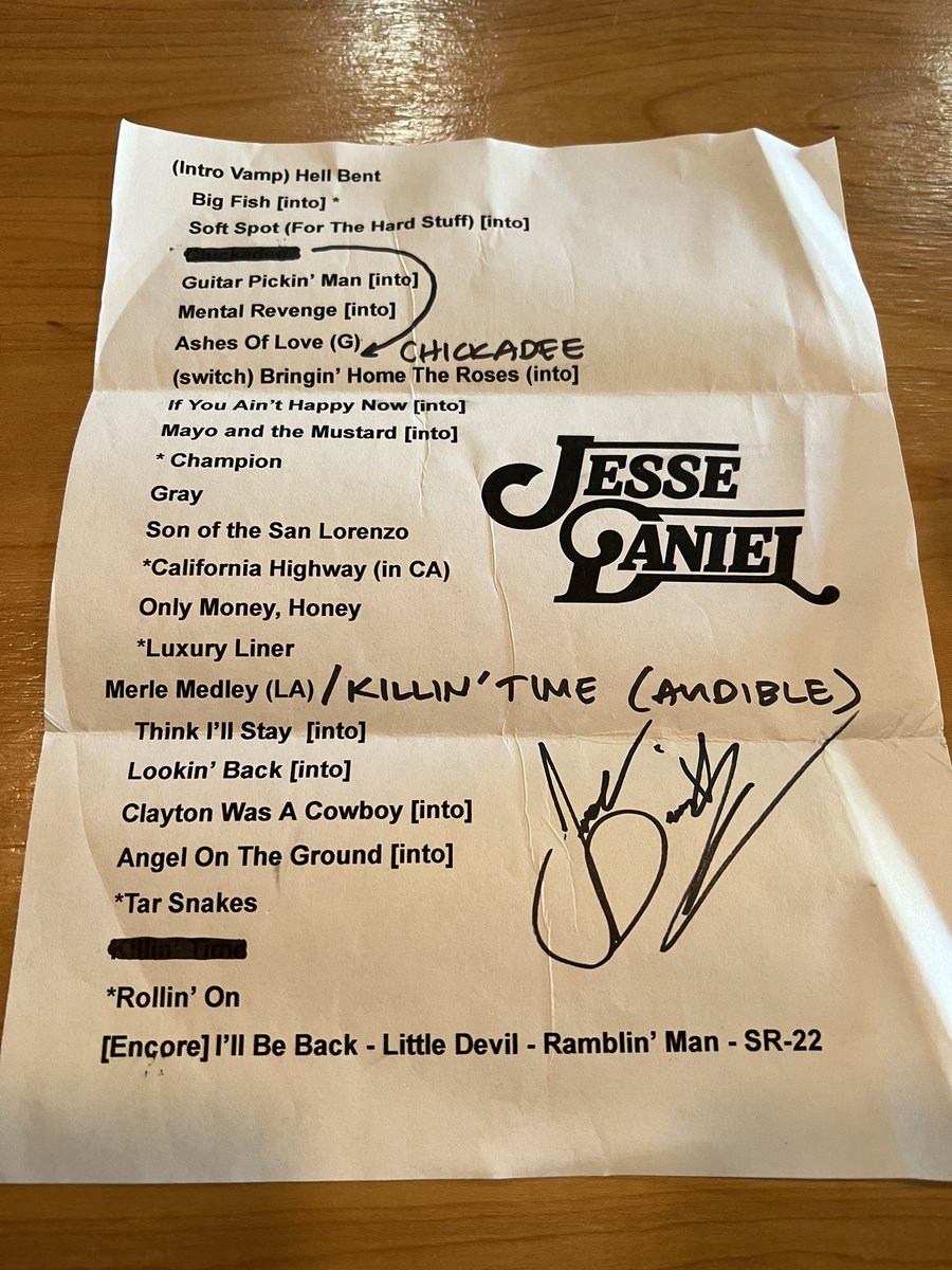 brianmather's tweet image. Almost forgot, asked @thejessedaniel for the set list the other night and he was cool enough to sign it for me. It’s going to hang in my bar right next to my @randyrogersband autograph.