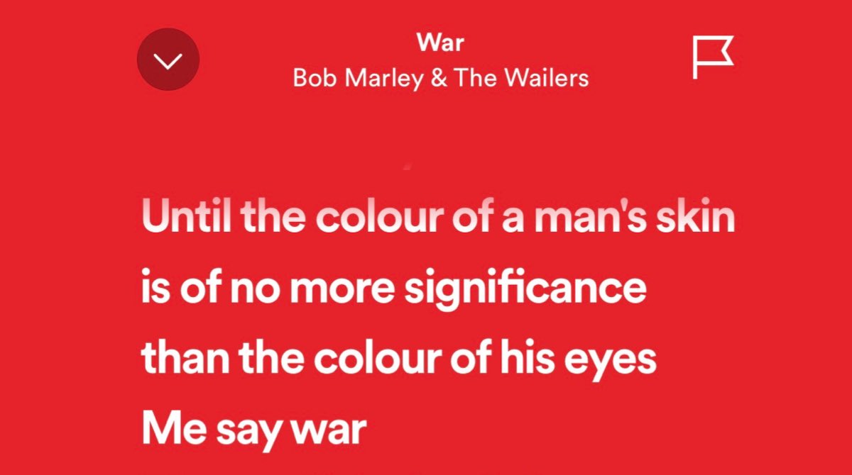 A los que se quejan del color de piel de actores para personajes de Disney, les recomiendo esta canción de Bob Marley: War.

“Until the colour of a man’s skin is of no more significance than the colour of his eyes
Me say war”

open.spotify.com/track/1TLTUhEU…