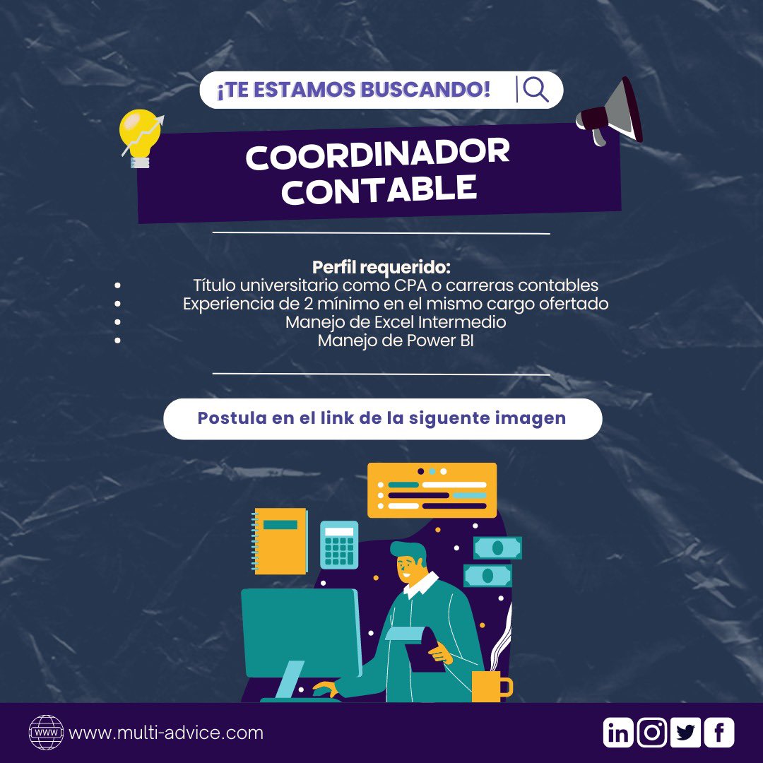 multiadvice_ec's tweet photo. #OfertaDeTrabajo

📢 Importante empresa se encuentra en la búsqueda de un/a Coordinador Contable.

Si cumples con el perfil, ¡Postula!
📎Llena nuestro formulario: https://t.co/19HyXsFVo2

#MultiAdvice #SomosMultiAdvice #ConsultoraMultiadvice #Vacantes #Quito #Guayaquil #Ecuador https://t.co/yY8KzQ1WJe